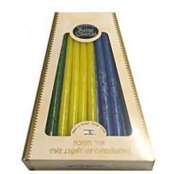 Safed Chanukah Candles- Blue, Yellow & Green
